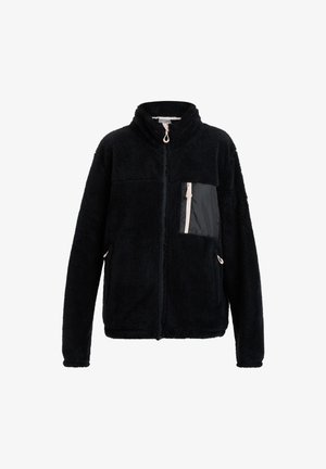 Schwarze Fleece-Jacke mit durchgehendem Reißverschluss, hohem Kragen und kontrastierendem Taschenmaterial in glänzender Optik. Verfügt über Seitentaschen und einen strukturierten Stoff.