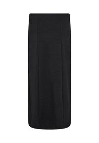 Schwarzer Midirock mit tailliertem Design, aus glattem Stoff. Verfügt über einen subtilen Seitenschlitz für mehr Bewegungsfreiheit. Keine sichtbaren Verschlüsse.