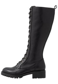 Black leather knee-high boots with a rounded toe, lace-up front, metallic eyelets, and a rugged sole. The upper is smooth with a textured finish.