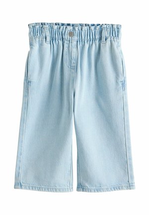 Light blue denim shorts with an elastic waistband, two side pockets, and a straight cut. Features visible stitching details.