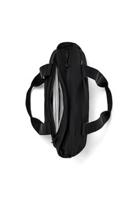 Borsa duffle nera realizzata in tessuto resistente, dotata di due manici, una zip superiore e un ampio interno con tasche organizzative.