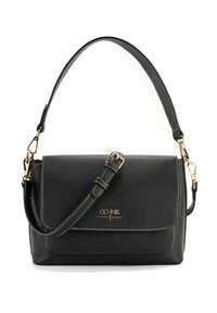 Czarna skórzana torebka o teksturowanym wykończeniu, z detalami w złotym kolorze, regulowanym paskiem i kontrastowym przeszyciem. Przednia klapa z logo.