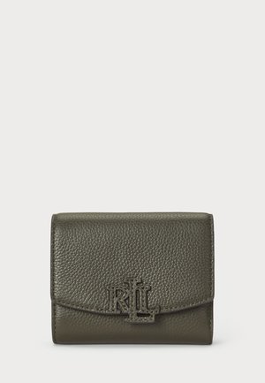 Green leather wallet with a grainy texture, featuring a logo accent on the front, and a flap closure for secure storage.