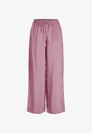 Roze wijduitlopende broek gemaakt van een gladde, lichte stof. Voorzien van een elastische tailleband met een trekkoord en verticale textuur.