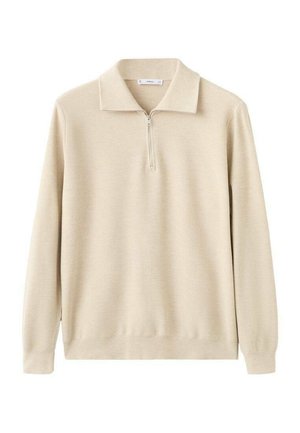 Jasnokremowy sweter z półgolfem i zapięciem na zamek błyskawiczny do połowy, z prążkowanymi mankietami i dołem, wykonany z dzianiny o fakturze.