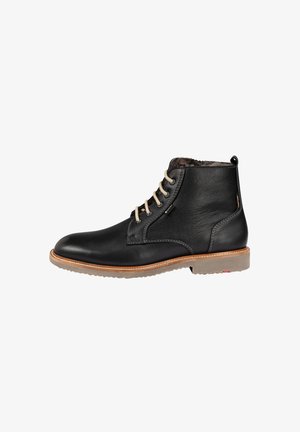 Black leather ankle boots with beige laces, round toe, and a brown rubber sole. Features a stitched design and a soft interior lining.