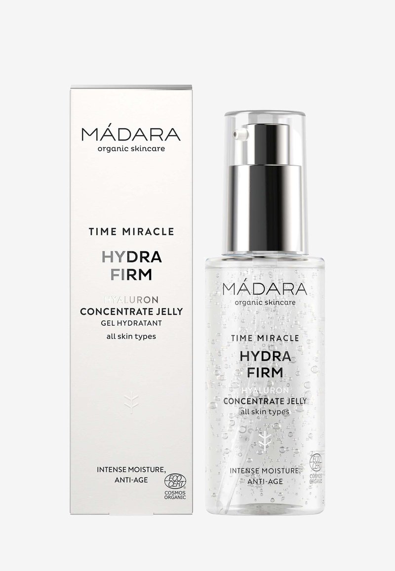 Mádara Time Miracle Hydra Firm Hyaluron Konzentrat Gel in Flasche und Verpackung, klares Gel mit Bläschen, für intensive Feuchtigkeitsversorgung und Anti-Aging-Pflege.