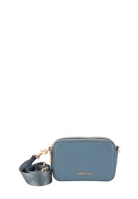 Modrá textúrovaná crossbody kabelka so zlatými detailmi, zipsom a logom. Súčasťou je zodpovedajúci popruh. Obdĺžnikový tvar.