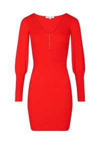 Robe rouge côtelée avec un décolleté en V, manches longues et détails à boutons le long du devant et aux poignets. Silhouette ajustée, tissu en maille.