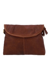 Brown leather clutch bag with a zip closure, soft texture, folded flap, and a side tassel detail. Flat rectangular shape.