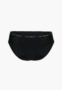 Slip in cotone nero con una fascia larga che presenta la scritta "LOVABLE" e un piccolo logo a cuore rosso. Texture liscia e design classico.
