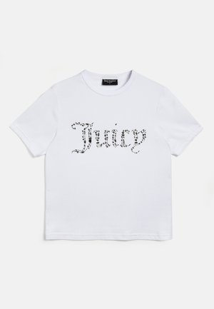 Biały krótki crop top z krótkim rękawem z napisem "Juicy" w czarnym, lampartowym, gotyckim kroju pisma z przodu.