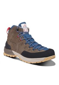 Scarpa da hiking in suede marrone con accenti blu, pannelli in rete, punta di gomma e lacci a motivi. Presenta una suola testurizzata per una migliore aderenza.