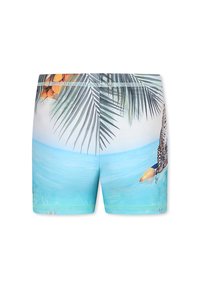 Värikäs uimalahje, jossa on trooppinen palmukuvio, sininen vesitausta, joustava vyötärö ja sileä, kevyt kangas.