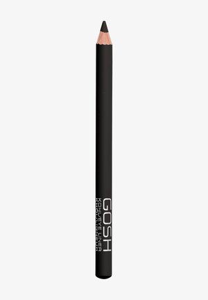 Crayon eyeliner noir kohl avec une pointe taillée. L'étiquette présente un texte blanc sur le côté. Fini lisse mat, forme cylindrique.