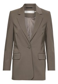 Blazer marrone con rever a punta, chiusura a un bottone, due tasche frontali e una texture liscia. Interno foderato con una leggera lucentezza.