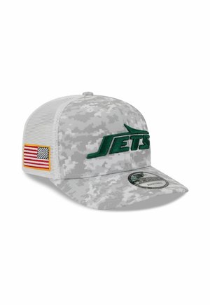 Gray camo cap with a green "JETS" logo, mesh sides, and a U.S. flag patch on the side. Curved bill with a structured design.