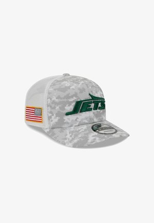 Gray camo cap with a green "JETS" logo, mesh sides, and a U.S. flag patch on the side. Curved bill with a structured design.