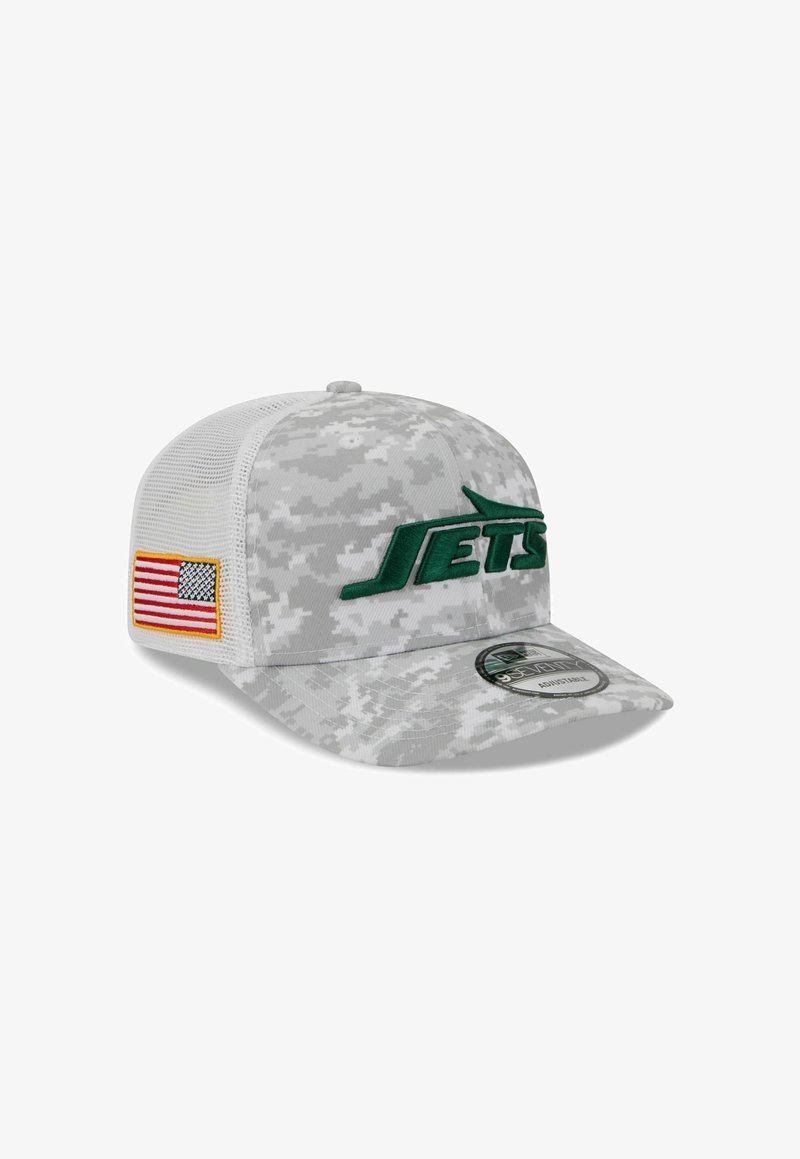 Gray camo cap with a green "JETS" logo, mesh sides, and a U.S. flag patch on the side. Curved bill with a structured design.