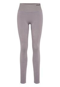 Grå leggings med høj talje, glat tekstur og subtile mønsterdetaljer langs benene. Brandlogoet er synligt ved taljen.