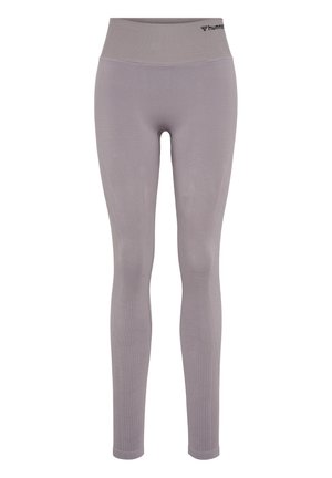Grå leggings med høj talje, glat tekstur og subtile mønsterdetaljer langs benene. Brandlogoet er synligt ved taljen.
