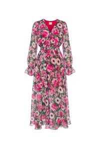 Kwiatowa maxi sukienka z lekkiego, przezroczystego materiału. Posiada głęboki dekolt w serek, długie rękawy oraz dopasowaną talię. Kolorowy wzór róż i kwiatów.