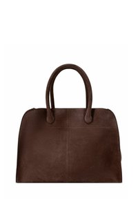 Torebka z ciemnobrązowego zamszu z zaokrąglonymi podwójnymi uchwytami, o prostokątnym kształcie, z subtelnymi przeszyciami z przodu, na białym tle.