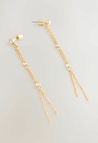 Gold-tone earrings featuring a chain design with circular links and clear rhinestone accents, tapering to two dangling strands.