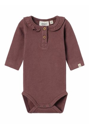 Body a maniche lunghe in cotone mauve polveroso, con colletto arricciato, due bottoni di legno al collo e chiusura a snap nella parte inferiore.
