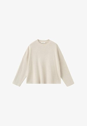 Beiger Langarmstrickpullover mit Rundhalsausschnitt und lockerem, leicht oversized Schnitt.