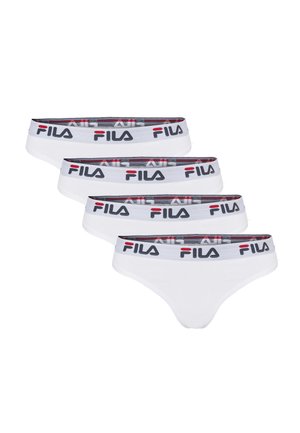 Fire hvide FILA-branded trusser i thong-stil med brede elastiske linninger med FILA-logoet i sort og rød.