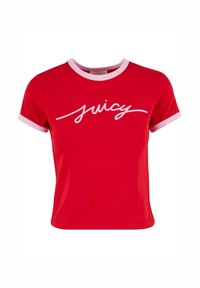 Červené tričko s krátkym rukávom a bielym lemovaním, s nápisom 'juicy' na prednej strane. Vyrobené z hladkej tkaniny s priliehavým strihom.
