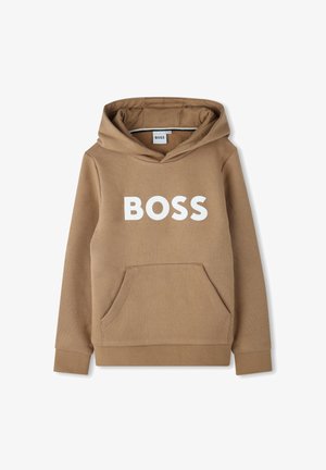 Sweatshirt à capuche marron avec une poche avant, orné d'un grand imprimé blanc "BOSS" sur la poitrine. Fabriqué en tissu doux et texturé.