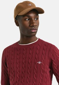 Junger Mann mit einer braunen Mütze und einem weinroten Pullover mit Zopfmuster und weißem Logo, der seitlich schaut vor einem schlichten Hintergrund.