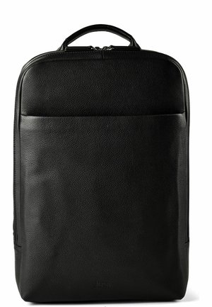 Schwarzer Leder-Rucksack mit strukturierter Oberfläche, Tragegriff oben, vordere Reißverschlusstasche und doppeltem Reißverschlussverschluss oben.