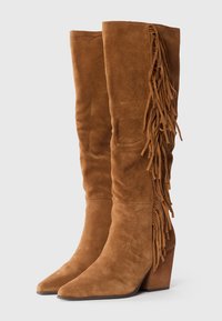 Brown suede knee-high boots with a pointed toe and fringe detailing on the outer side. Features a chunky heel and smooth texture.