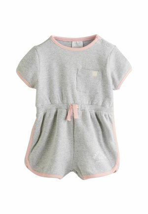Romper per neonati grigio a coste con maniche corte, bordature rosa, vita elasticizzata e tasca frontale. Testo decorativo "HAPPY CLUB" sul fondo.