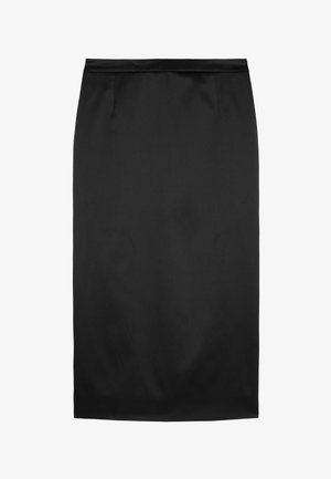 Schwarzer Bleistiftrock, glattes Satinmaterial, knielang, figurbetontes Design, keine sichtbaren Muster oder Verzierungen, einfacher Taillenbund oben.