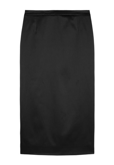 Schwarzer Bleistiftrock, glattes Satinmaterial, knielang, figurbetontes Design, keine sichtbaren Muster oder Verzierungen, einfacher Taillenbund oben.