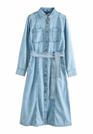 Light blue denim long-sleeve dress with collar, button-down front, two chest pockets, and matching fabric belt at the waist.