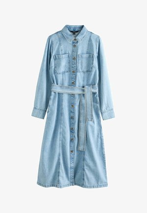 Light blue denim long-sleeve dress with collar, button-down front, two chest pockets, and matching fabric belt at the waist.