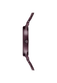 Lila Metalluhr mit rundem Gehäuse, glattem, reflektierendem Zifferblatt und Gliederarmband. Verfügt über einen Knopf an der Seite.