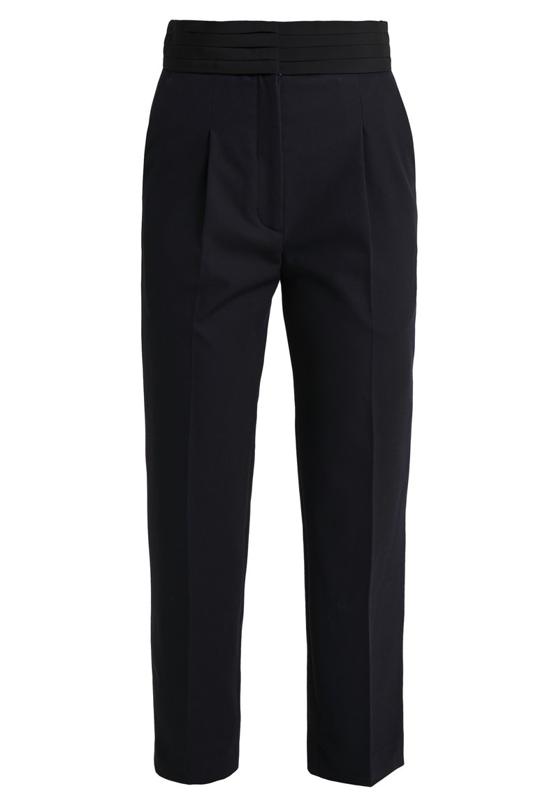 Maßsydda svarta byxor med plisserad design och en strukturerad midjeband, lämpliga för formell eller affärsmässig klädsel.