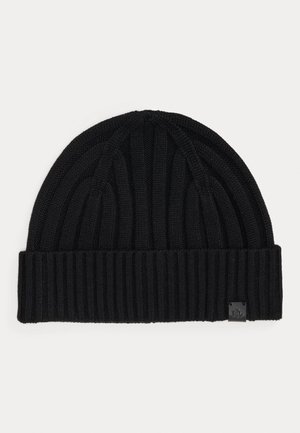 LEATHER-TRIM RIB-KNIT BEANIE - Berretto - black