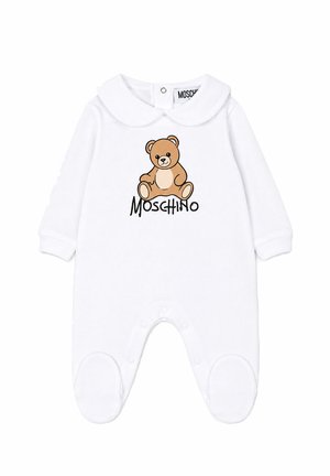 Tutina bianca per neonati con maniche lunghe, collo rotondo e una grafica di un orsetto sopra la parola Moschino sul petto.