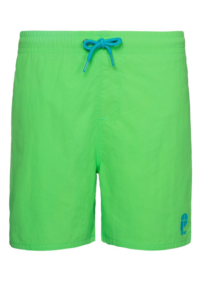Ryškiai žali maudymosi šortai, pagaminti iš lengvo audinio, su turkio spalvos raišteliu ir mažuoju logotipu apatinėje dešinėje kampo pusėje.
