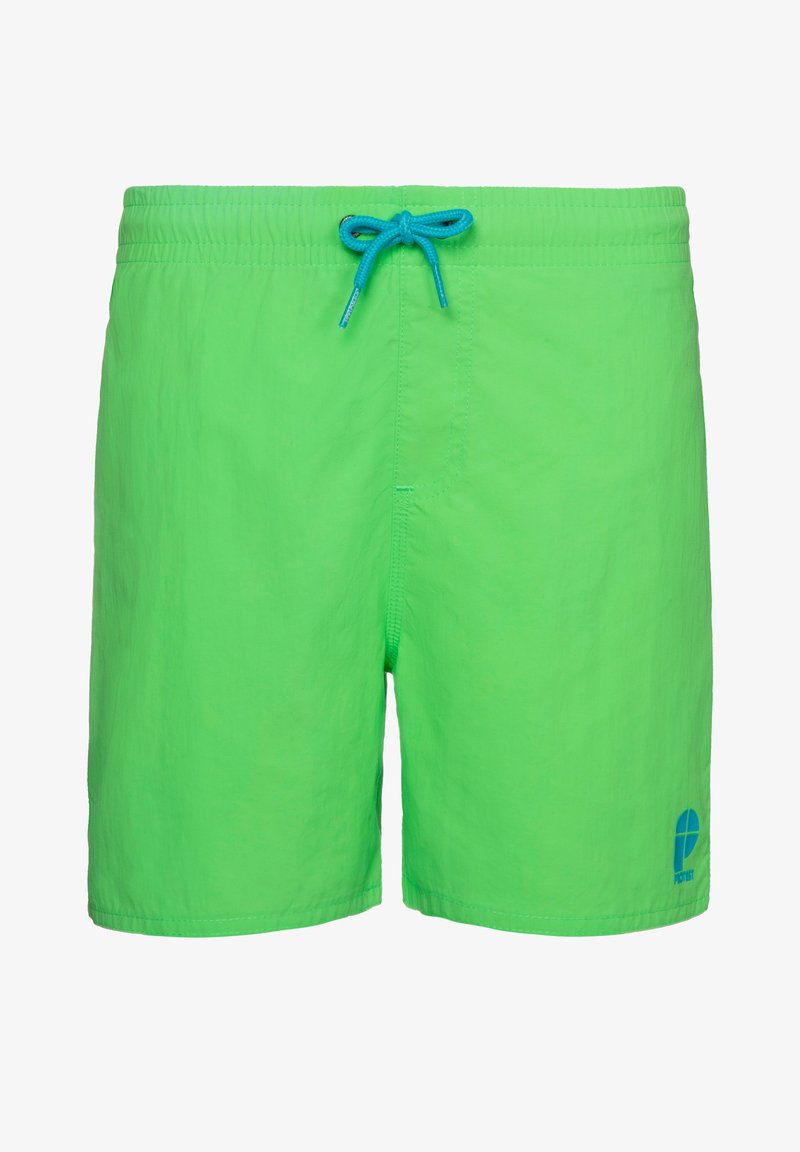 Ryškiai žali maudymosi šortai, pagaminti iš lengvo audinio, su turkio spalvos raišteliu ir mažuoju logotipu apatinėje dešinėje kampo pusėje.