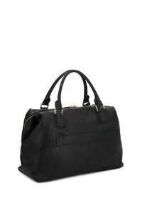 Svart läder tote-väska med texturerad yta, guld detaljer, dubbla korta handtag och dragkedjestängning upptill.