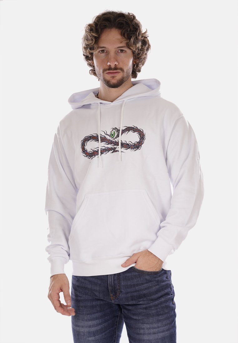 Hoodie bianco in cotone con tasca frontale, cordini e un design grafico che presenta un motivo vorticoso e un dettaglio con un occhio.