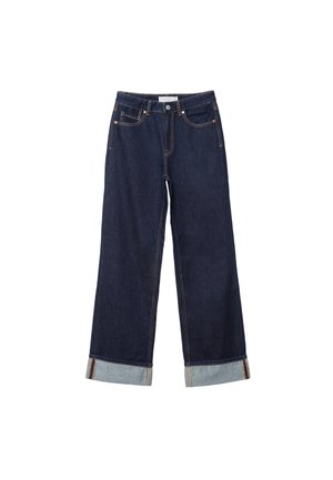Jeans larges bleu foncé avec ourlets retroussés, poches avant et couture visible, étalés à plat sur un fond blanc.